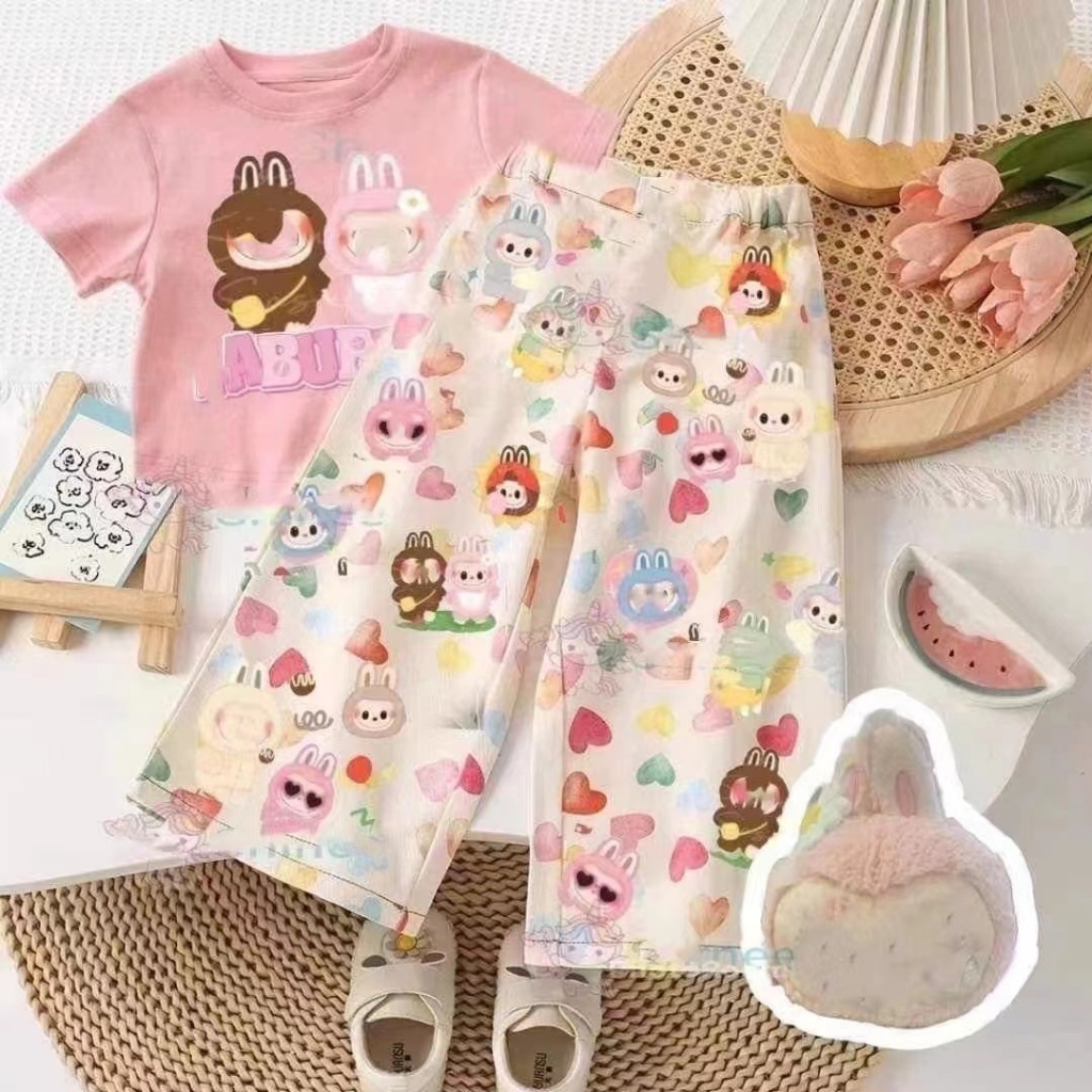 ABU02 ชุดเซ็ตแฟชั่นเด็กลาบูบู้น่ารักมากแม่พิมพ์ลายเสื้อกางเกง รหัส Lbu สี ชมพู สีขาว baby life