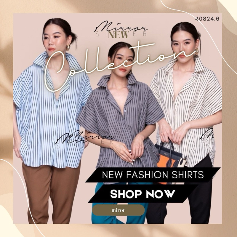 mirrorsister 40824.6 เสื้อเชิ้ตลายริ้วทางลง ทรงโคร่งๆ แขนสั้น