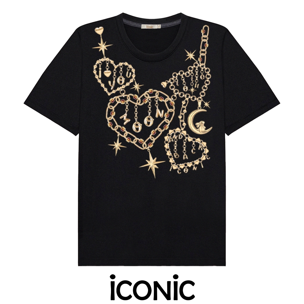 iCONiC LUV BLACK T-SHIRT #20286X เสื้อยืด พิมพ์ลาย พระจันทร์ กระต่าย สร้อยคอ เสื้อแฟชั่น