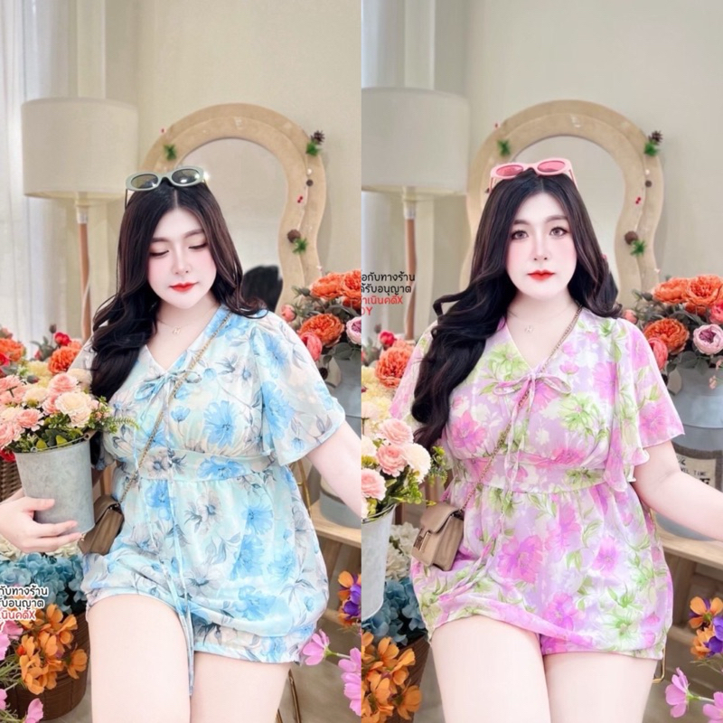 สาวอวบ ชุดเซ็ตสาวอวบ เซ็ตชีฟอง ลายดอกไม้ ฟอร่า แขนระบาย อก 38 40 42 44 46 48