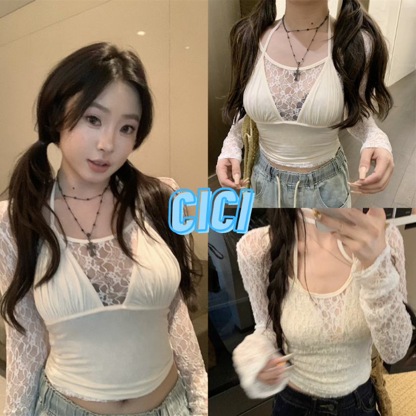 ส่งทันที Cici(NO. 1083) Set 2 ชิ้น ใส่ได้หลากหลายสไตล์ตัวบราคล้องคอพร้อม เสื้อตัวด้านนอก detailแต่งลูกไม้