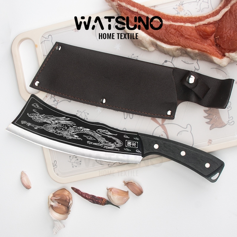 Watsuno.มีดทำครัวลายมังกร มีดตัดเนื้อและกระดูกขนาดใหญ่ มีดฆ่ามังกร ปลอกหนัง คมและทนทาน เหมาะสำหรับห้องครัวและการตั้งแคมป