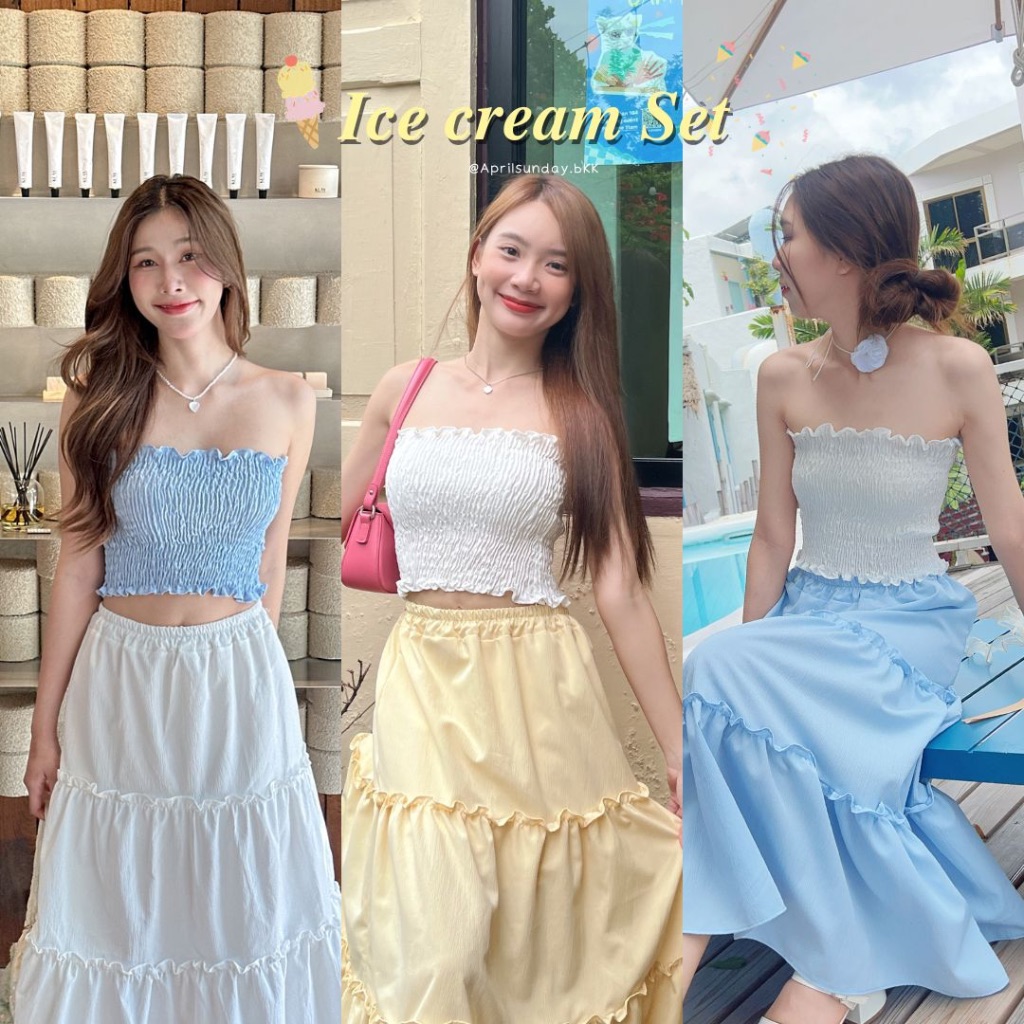 Ice cream Set ลดเหลือ 246.- เมื่อใส่โค้ด 9JERVR เซ็ตเกาะอก+กระโปรง สุดน่ารัก สไตล์เกาหลี เสื้อสม็อคเข้ารูป กระโปรงผ้
