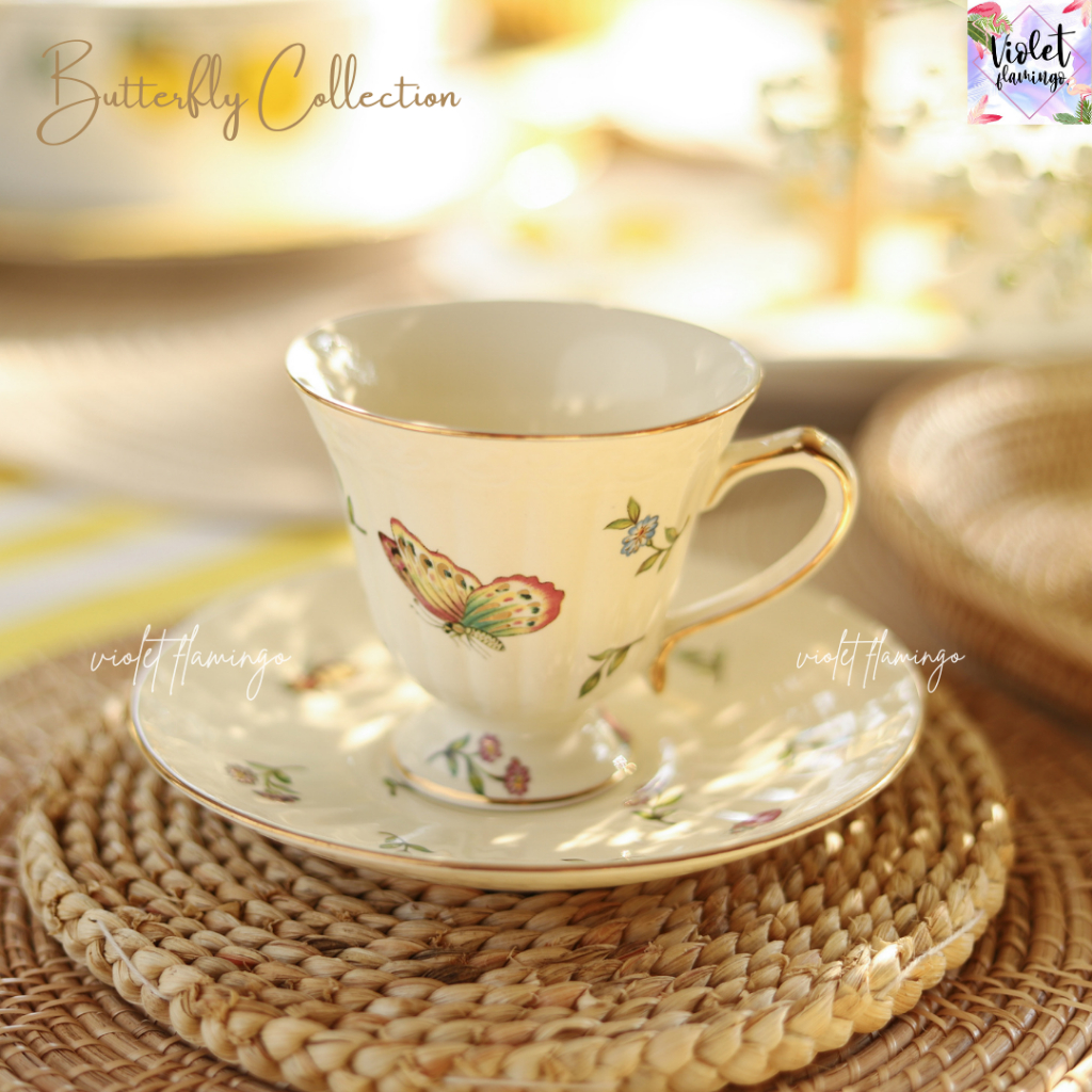Violet Flamingo แก้วชาพร้อมจานรอง แก้วเซรามิคขอบทองลายผีเสื้อพร้อมจานรอง Butterfly Tea Cup and Saucer