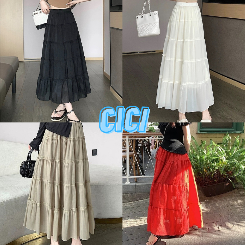 ส่งทันที Cici(NO. 907)Layer Skirts กระโปรงยาวผ้าชีฟองสีพื้น ใส่สบาย สไตล์โบฮี่เมี่ยน สุดชิค