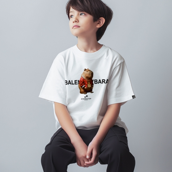EVERESTER เสื้อผ้าเด็ก Cotton 100% / เสื้อคอฟิต Oversized เด็กผู้ชาย Capybara ดำ ขาว / Kexp