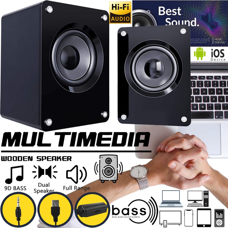 HiFi Speaker ลําโพงคอมพิวเตอร์มัลติมีเดีย เสียงเบสหนัก 3D เสียงสเตอริโอ ลําโพงไม้ 3.5mm USB Wooden Bass Soundbar Speaker