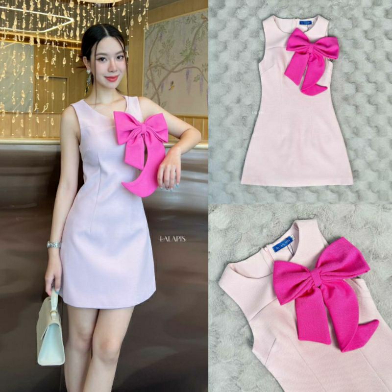 (XS-L) LALAPIS พร้อมส่งเดรสน้องโบวี่สีชมพูน่ารักงานจริงสวยหรูลุคคุณหนู เนื้อผ้าเกรดดีทรงสวย