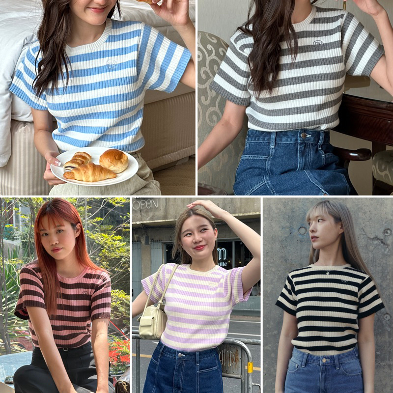 POCKETWOOD - Pocky Tee 5 สี เสื้อยืดไหมพรมลายทาง ทอร่องขนาดใหญ่ ไหมพรมนุ่มมากๆ