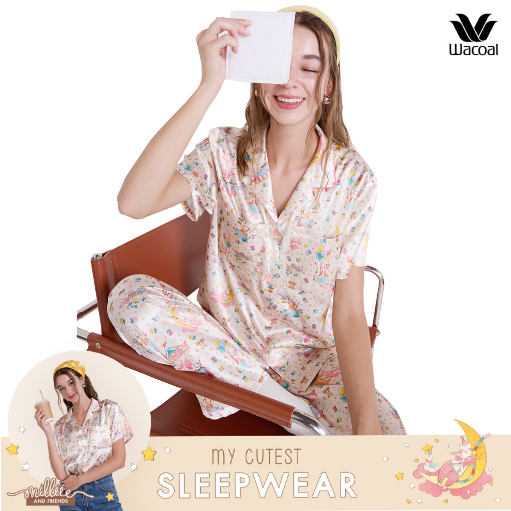 Wacoal Millie & Friends Circat Collection ชุดนอนกันโป๊ รูปแบบเสื้อแขนสั้น กางเกงขายาว รุ่น WN7D39 (1 ชุด)