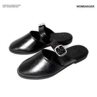 womenager - Jane Classic สี Black leather รองเท้าแตะคัทชูเปิ…