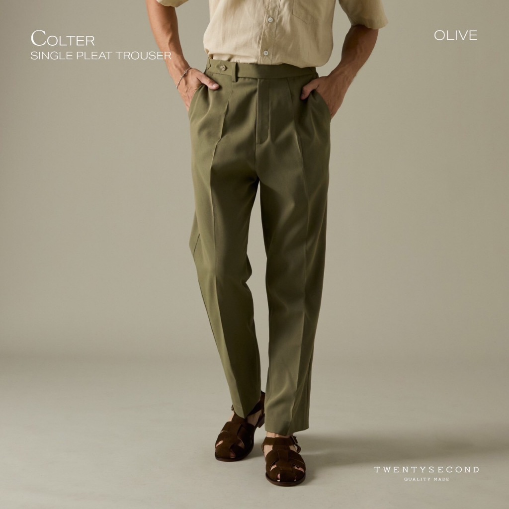 TWENTYSECOND กางเกงขายาว ผ้าคอตต้อน ทรงเอวสูง กระบอกตรง รุ่น Colter single pleat trouser - เขียว / Olive