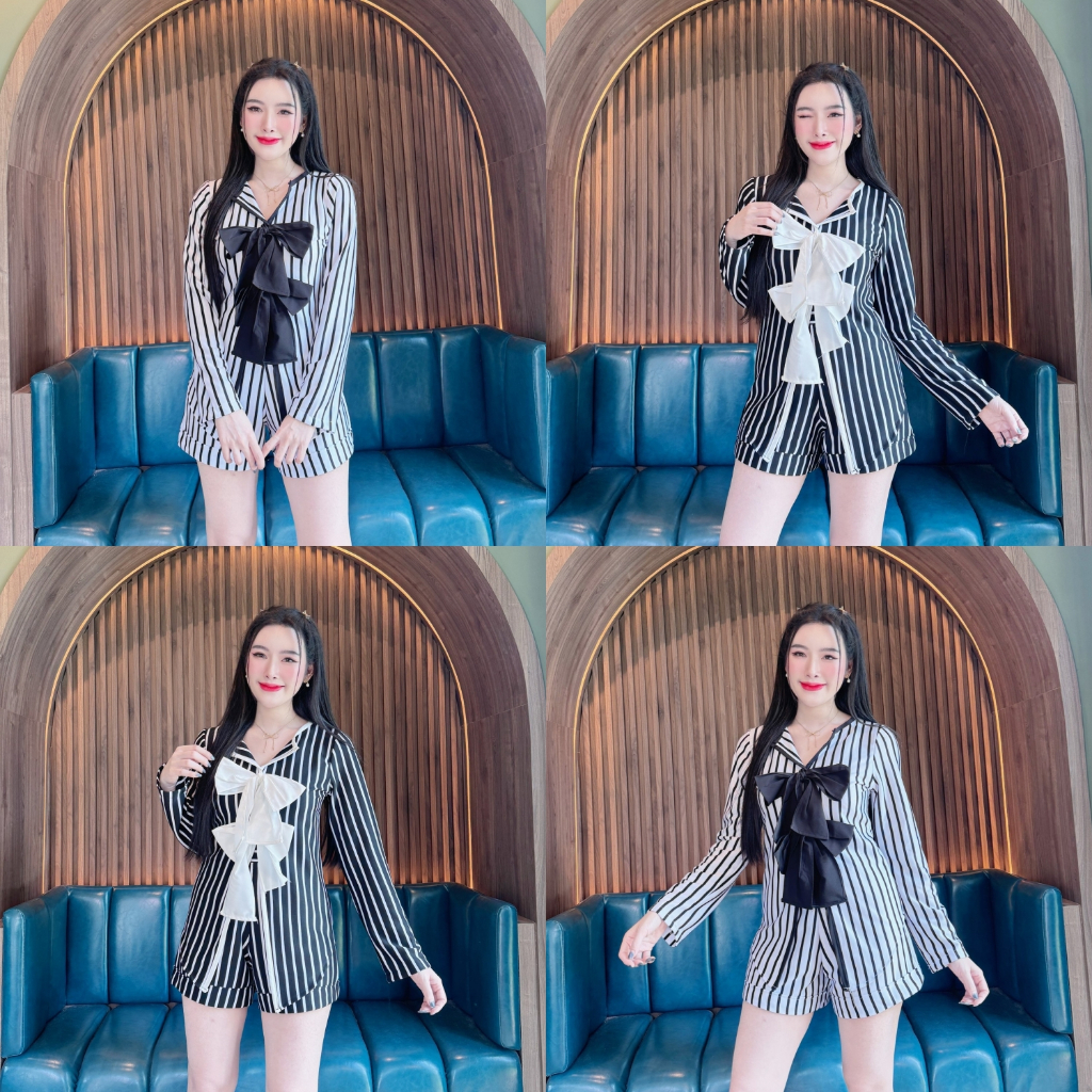 พร้อมส่ง ชุดเซตผ้าแมงโก้ เสื้อแขนยาวแต่งโบว์หน้าผ่าหน้า+กางเกงเอวเรียบ (A6) A4701