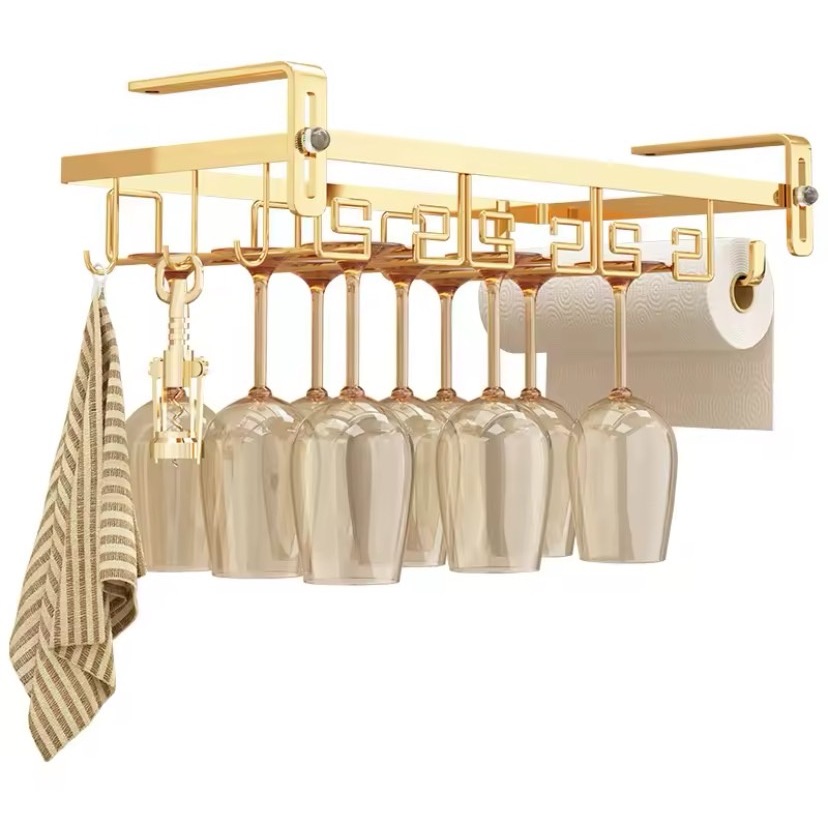 ที่วางแก้วไวน์บาร์เทนเดอร์แบบมีที่แขวนใต้ตู้แก้วไวน์ถ้วยคาร์บอนชั้นโลหะเครื่องมือบาร์สีทองดีไซด์หรู