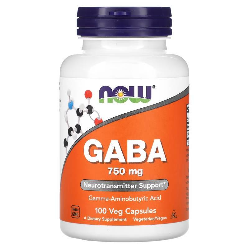 กาบา NOW Foods, GABA, 750 mg, 100 Veg Capsules