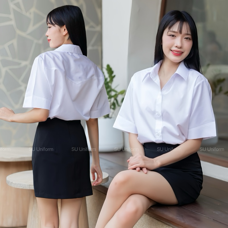 เสื้อนักศึกษาแขนสามเหลี่ยมทรงบอย แขนยาว10นิ้ว Sz.S32-XXL42 เสื้อนักศึกษา