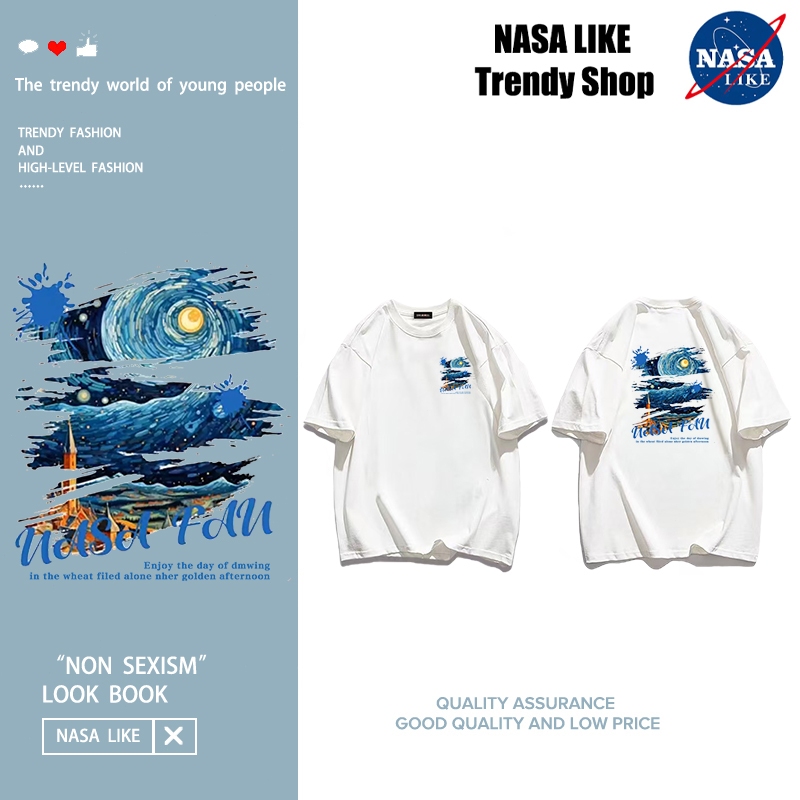 NASA LIKE จัดส่งตลอด 24 ชั่วโมง Print T-Shirt,สไตล์วินเทจสไตล์การ์ตูนพิมพ์ลายพิมพ์แขนสั้น Oversize Cotton 100%