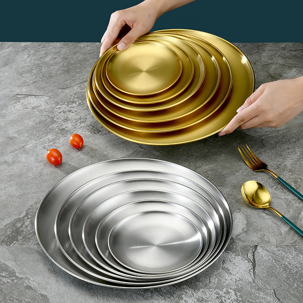 จานสไตล์เกาหลี จานสแตนเลสหนา ขนาด 14cm17cm20cm สีทองและสีเงิน จานทรงแบน ก้นตื้น - รูปที่ 4