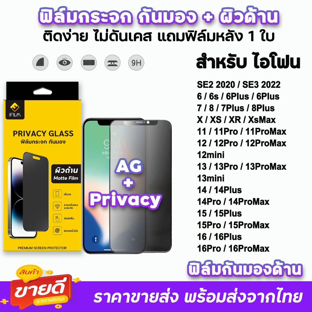 iFilm ฟิล์มกระจก กันมอง ผิวด้าน AG For iphone 16 pro max 16plus 15promax 15 plus 14promax 13pro 11 XR ฟิล์มกันมองด้าน