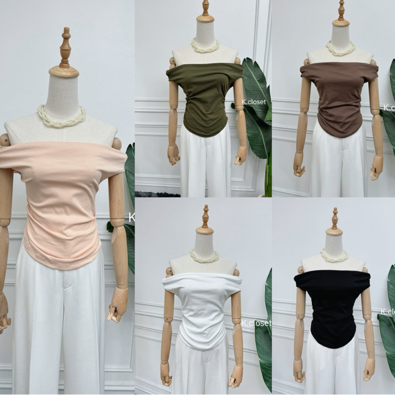 เสื้อปาดไหล่ เอวย่นข้าง ผ้ายูนิโคล
