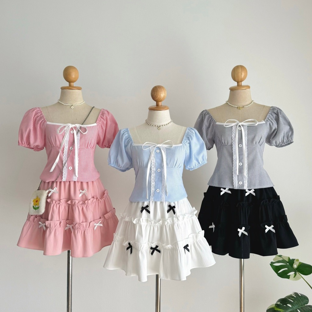 เสื้อแขนตุ๊กตา และกระโปรงแต่งโบว์ ผ้าคัตตอน #FF29 #KK21