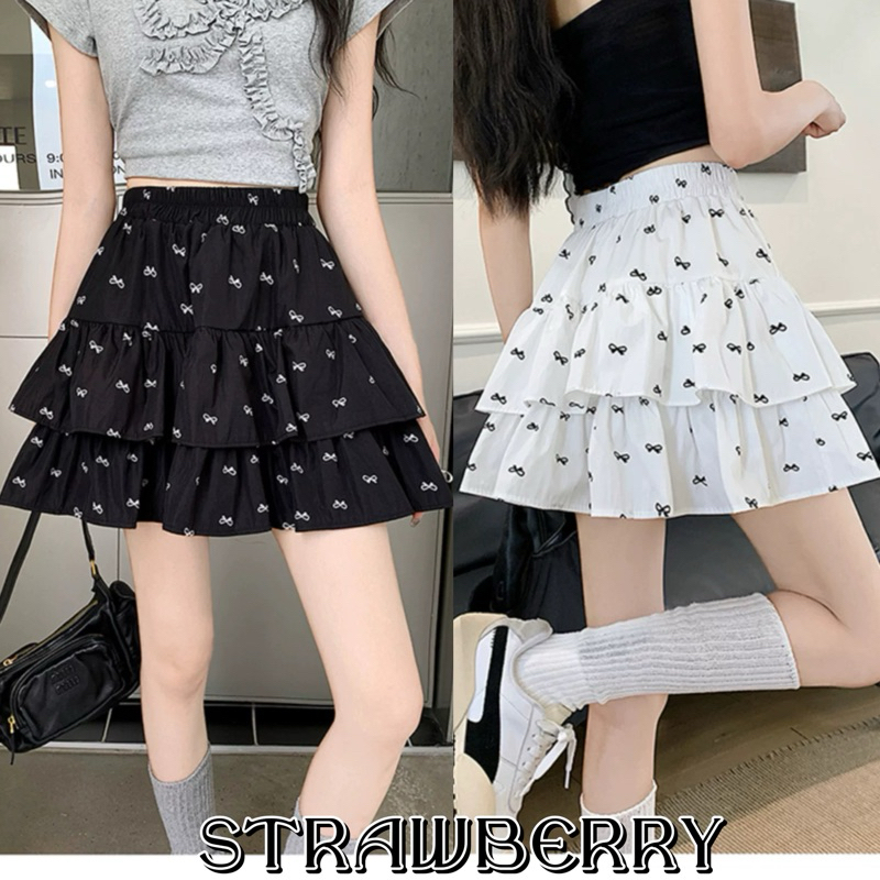STR พร้อมส่ง🌀กระโปรงสั้นผู้หญิง🌀กระโปรงแฟชั่นทรงเอระบาย2ชั้น ลายพิมพ์โบว์ น่ารักผ้ายืดเซ็กซี่เอวสูง  มีซักใน สไตล์เกาหลี