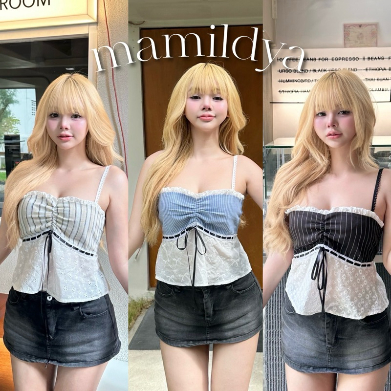 🌟Mamildya.shop🌟 เสื้อสายเดี่ยว ผ้าตัดต่อผ้าลูกไม้ ทรงสวยสุดๆ/R1-2 /NUSA-เดี่ยวทาง
