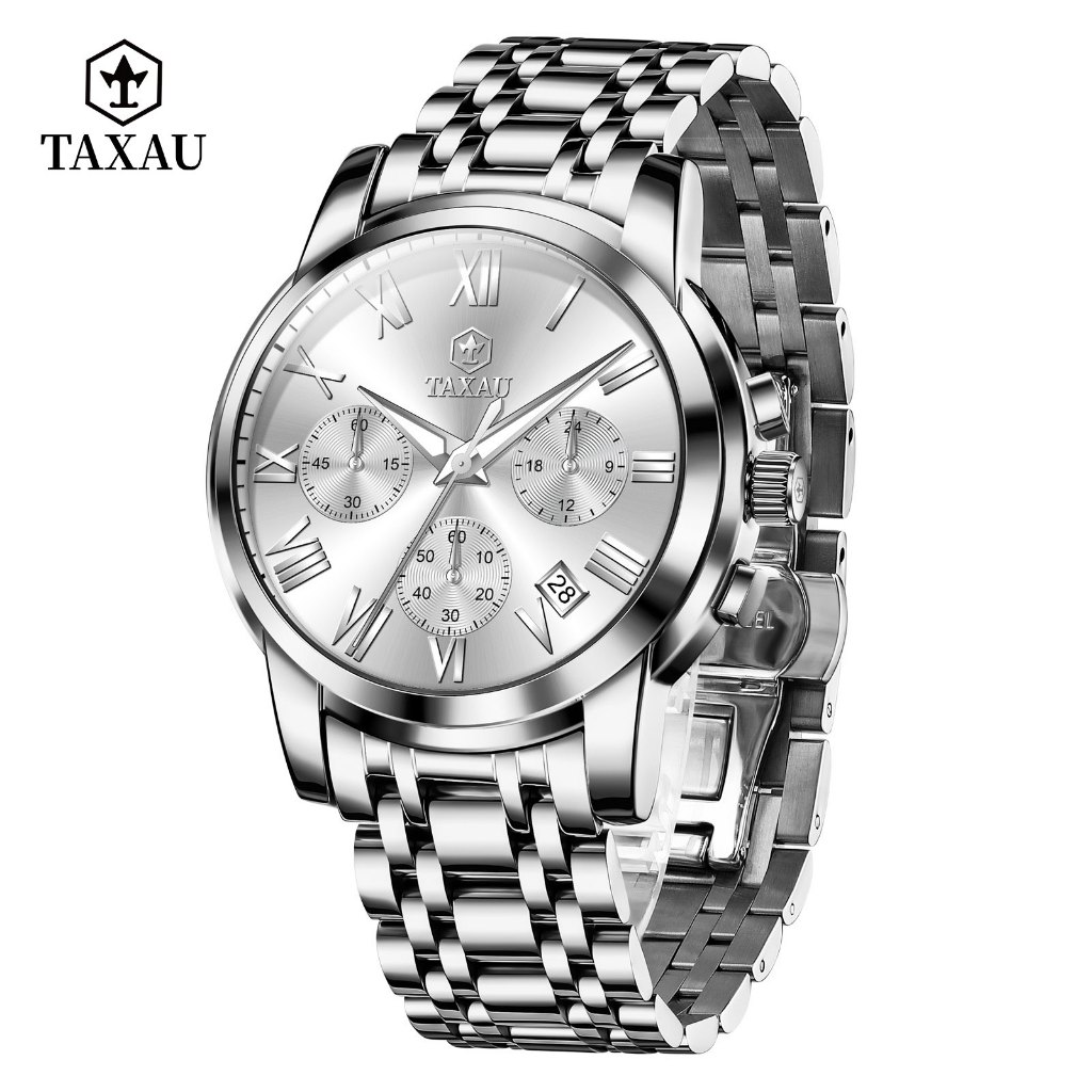 TAXAU นาฬิกาผู้ชาย 100%สายสแตนเลสกันน้ําสไตล์ธุรกิจนาฬิกาควอตซ์ที่เรียบง่ายและมีส ผู้ชายนาฬิกาข้อมือ