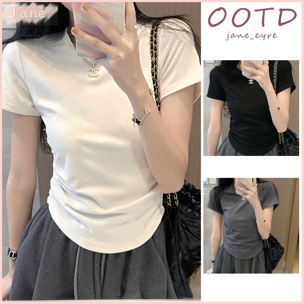 การจัดส่งที่รวดเร็ว เสื้อยืดแขนสั้นไม่สม่ำเสมอผู้หญิงการออกแบบหลวม Sense Top Niche จีบเอว Retraction Top JN