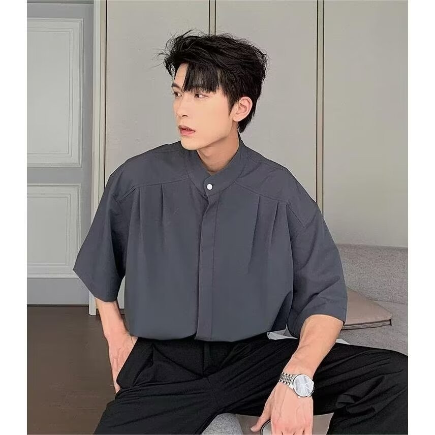 ล้างสต็อก⚡️ CTA34  เสื้อเชิ้ตคอจีน แขนสั้ สำหรับผู้ชาย ทรงโอเวอร์ไซส์ ทรงคุณชายๆ เรียบง่ายทรงเกาหลีย