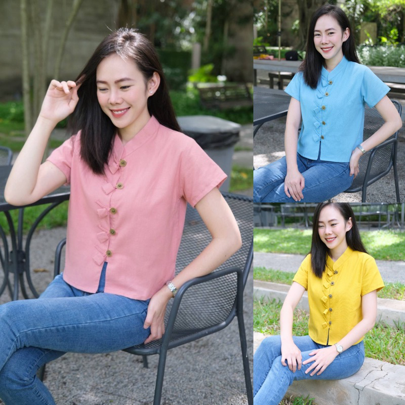 เสื้อผ้าฝ้ายพื้นเมือง คอจีน กระดุมทิวลิป