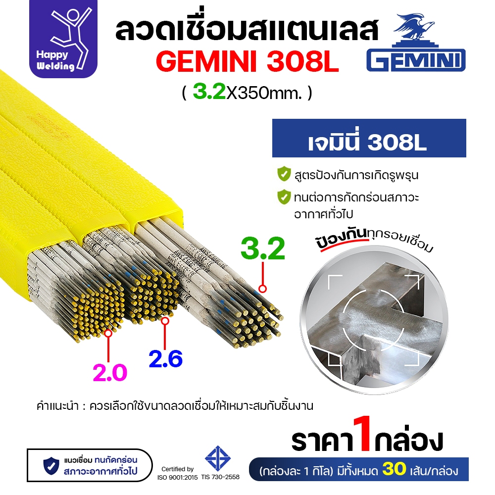 Gemini ลวดเชื่อมไฟฟ้า สแตนเลสเกรด308L กล่องละ1โล ขนาดลวด รูปที่ 2