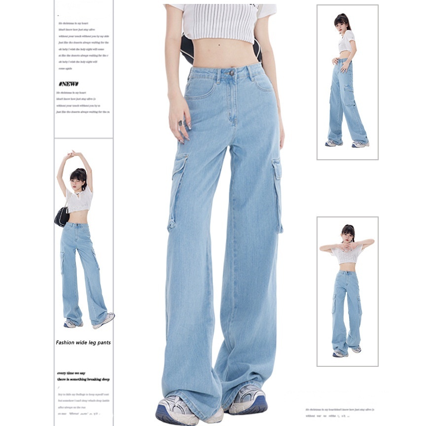 Vincy-กางเกงคาร์โก้ผู้หญิง กางเกงยีนเอวสูง XS~2XL ขายาว เอวสูงทรงสตรีท กระเป๋าตรง 2ใบ - รูปที่ 6