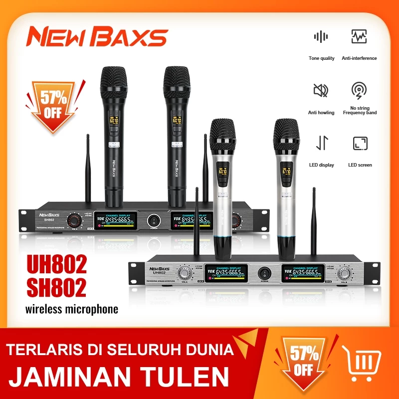 NEW BAXS ไมโครโฟนไร้สาย, UH802/SH802, หนึ่งตัวลากไมโครโฟนไร้สายสองตัว, ไมโครโฟนแร็พลอย UHF, ระยะทาง 150 ม., เสียงที่ดี