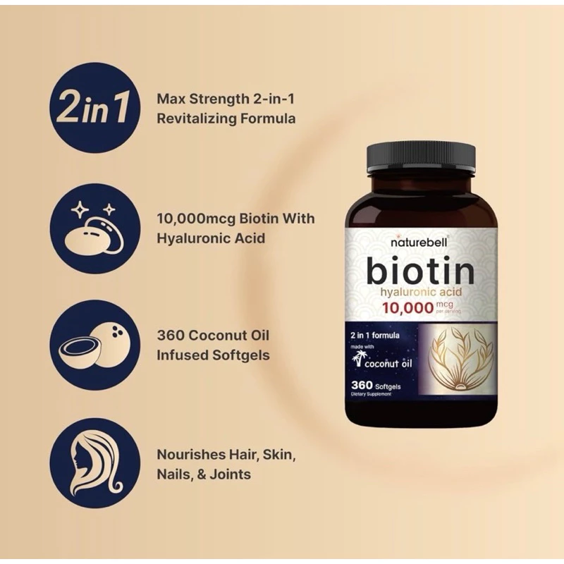 NATUREBELL Biotin + Hyaluronic Acid 10,000 MCG สุขภาพผม ผิวหนัง เล็บ 360 ซอฟต์เจล thumbnail 3
