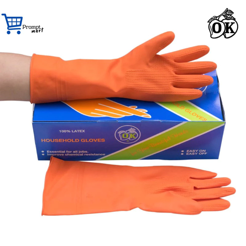 ขอบิลเบิกได้ ถุงมือแม่บ้านOKสีส้ม ถุงมือเอนกประสงค์,ถุงมือยางธรรมชาติสีส้ม(12คู่) RUBBER GLOVES