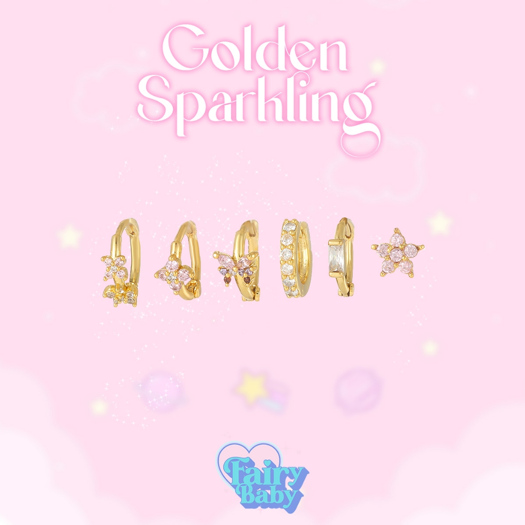 Fairybaby เซทต่างหู Golden Sparkling 6 ชิ้น เซ็ทต่างหู ทอง รูปดอกไม้ สวนดอกไม้ โทนขาวชมพู ผีเสื้อ สีทอง (E3-009)