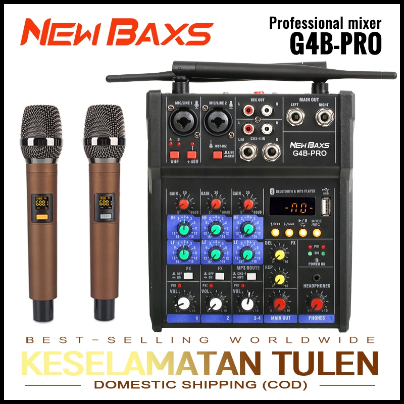 NEW BAXS G4B-PRO professional ผสมเสียง มิกเซอร์ 4 อินพุต with equalizer UHF ไมโครโฟนไร้สาย 80M /บลูทูธ/USB/48v/ PC/MP3