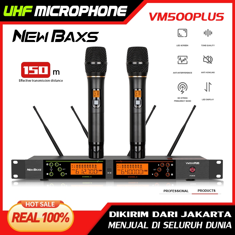 NEW BAXS ชุดไมโครโฟนไร้สายVM500PLUS ระบบ UHF FM ความถี่ปรับได้ เสาอากาศแบบถอดได้ 4 เสา ลดเสียงรบกวน เหมาะสำหรับ KTV เวที