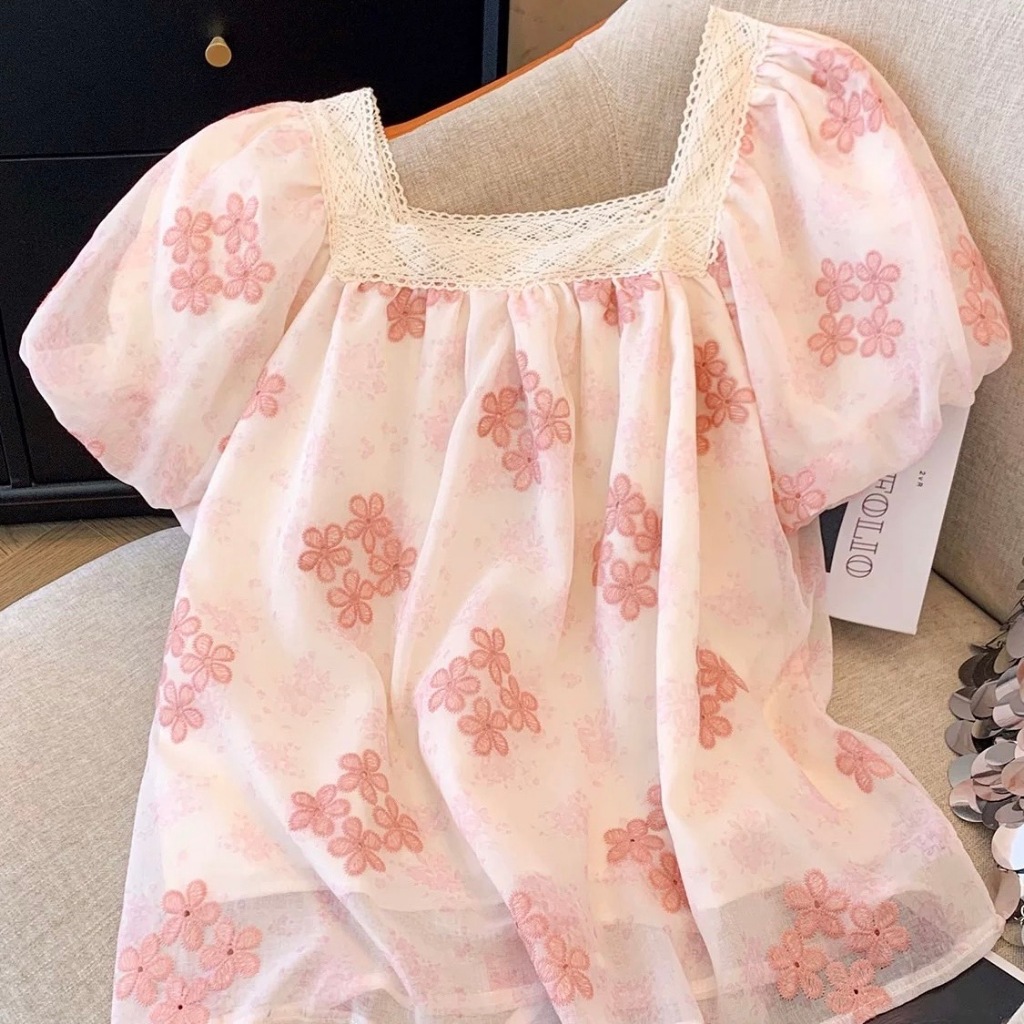 (พร้อมส่ง)รุ่น(AQ-คอเหลี่ยมดอกชมพู05,คอเหลี่ยมดอกเหลือง06)เสื้อแขนสั้น ผ้าคอตตอน100%สีชมพู,สีเหลือง เสื้อคอเหลี่ยมแขนพอง