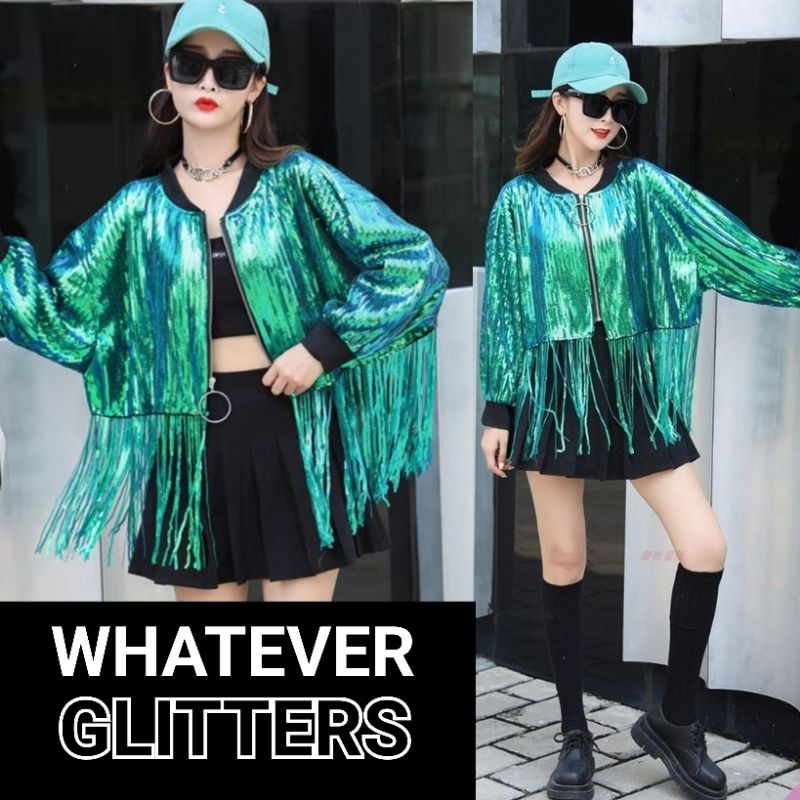 เสื้อเเจ็คเก็ตเลื่อม เสื้อคลุมกลิตเตอร์ติดพู่ฟรุ้งฟริ้งสีเขียว (สินค้าในไทย🇨🇷)