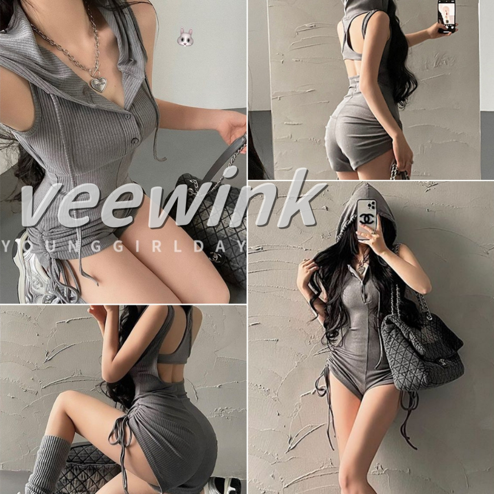 Veewink พร้อมส่งจากกทม จั๊มสูทสั้นสายหลังเซ็กซี่ คอวี เสื้อฮู้ด แบบเข้ารูป สีพื้น ผ้าดีทรงสวย