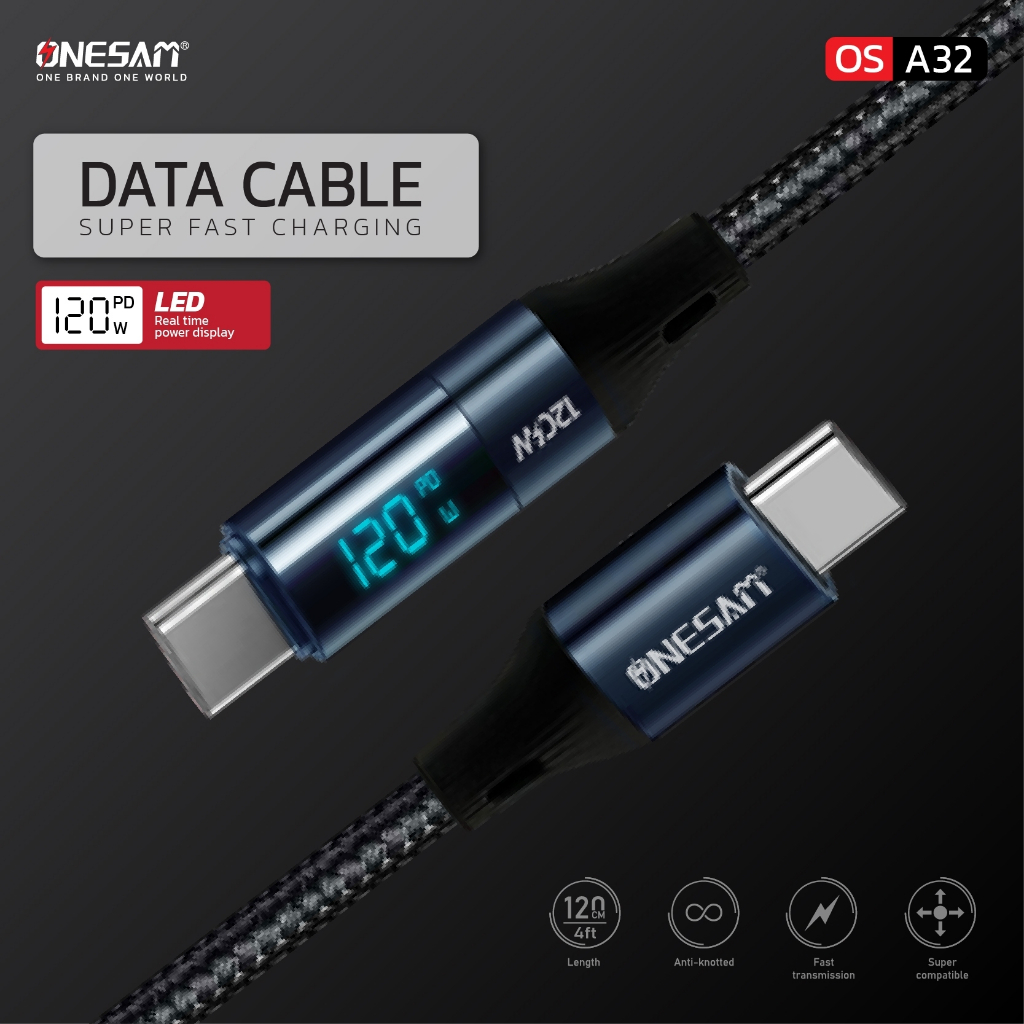 สายชาร์จและถ่ายโอนข้อมูล ONESAM รุ่น OS-A32 สาย Data Cable ยาว 1.2 ม. ของแท้100% รับประกัน1ปี 120W