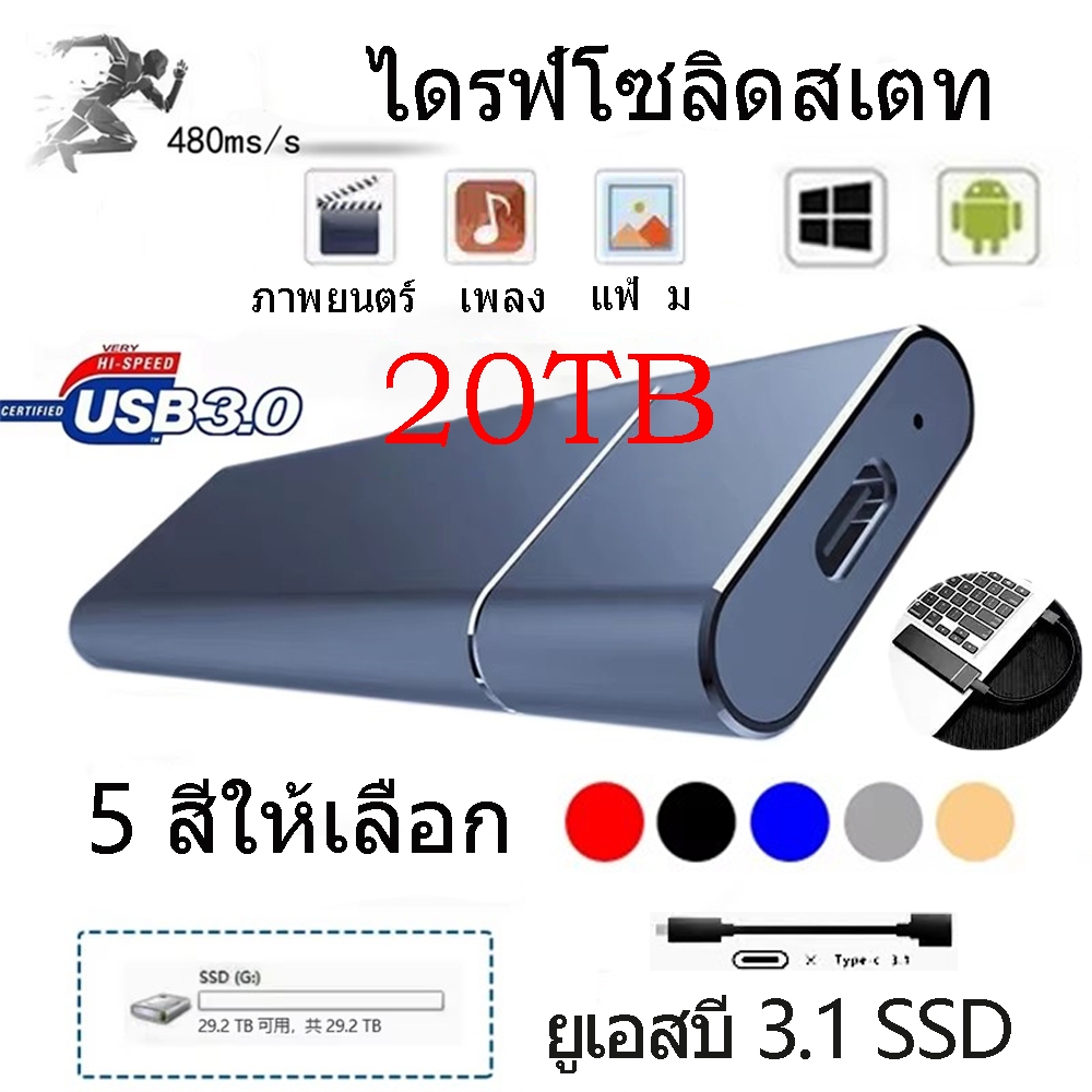 ภายนอก 2TB / 20TB Ssd ความเร็วสูง SSD Type-C / USB 3.1 อินเตอร์เฟซฮาร์ดไดรฟ์แบบพกพาสำหรับพีซีแล็ปท็อป