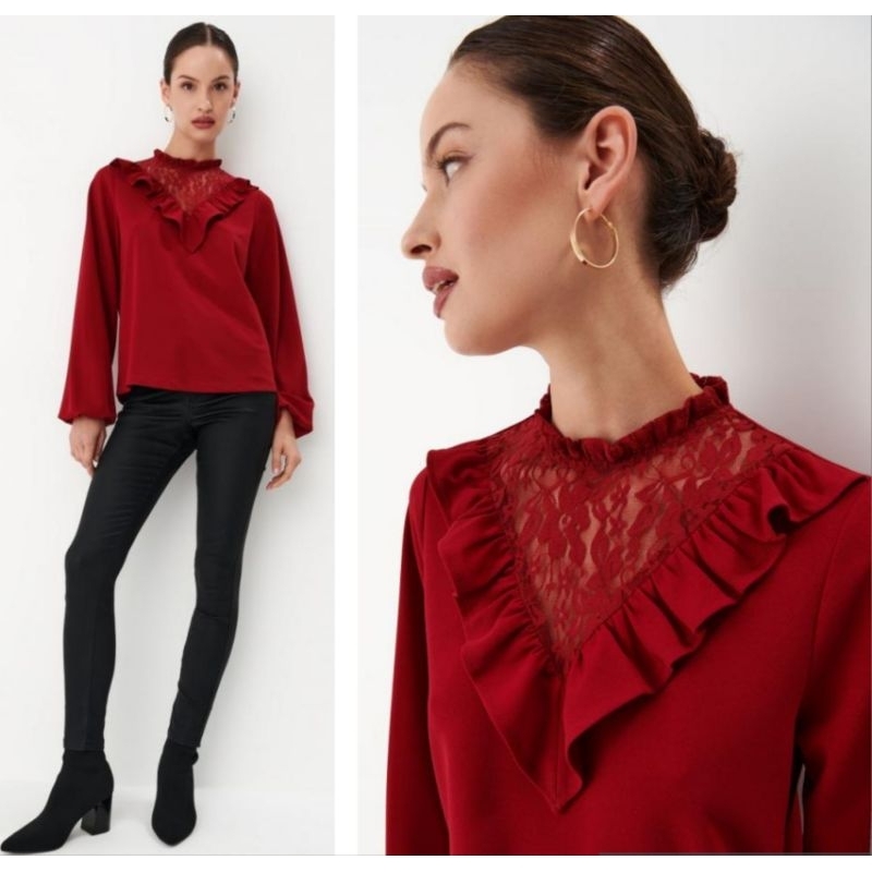 เสื้อแขนยาวแต่งดีเทลลูกไม้คอปิด แบรนด์ Mohito