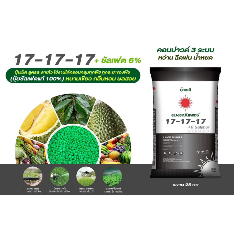 ปุ๋ยซัลเฟตแท้ 100% สูตร 17-17-17+6S ละลายไว