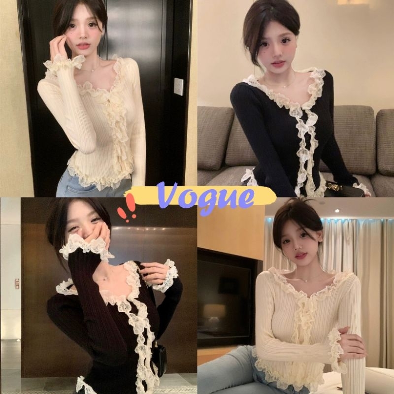 Vogue พร้อมส่ง เสื้อไหมพรมแขนยาว คอกลม ดีเทลแต่งรอบลูกไม้ (Q39)
