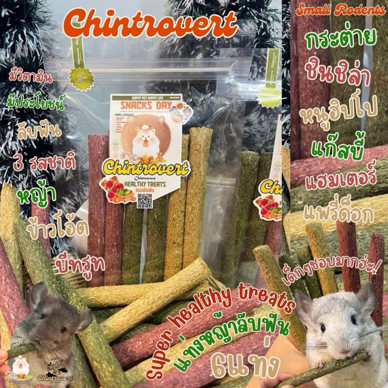 Chintrovert | Super healthy treats ขนมแท่งหญ้าลับฟัน 6 ชิ้น | ขนมกระต่าย ชินชิล่า แก็สบี้ แพรี่ด็อกอก แฮมเตอร์ แฟตเทล