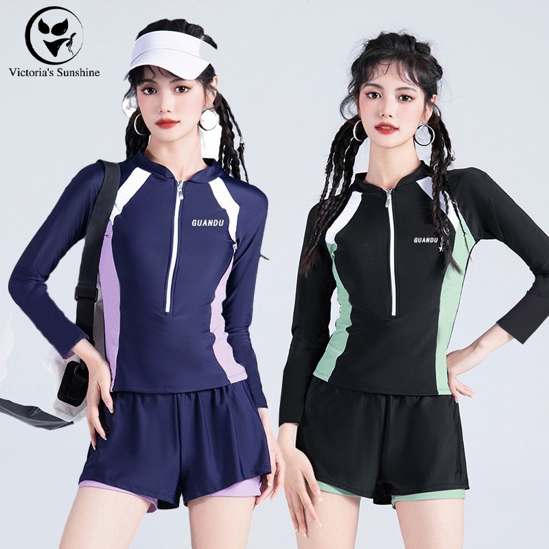 Victoria's Sunshineชุดว่ายน้ำแขนยาว ทูพีช กันuv swimsuit upf50 มีฟองน้ำ ผ้าแห้งไว#0477