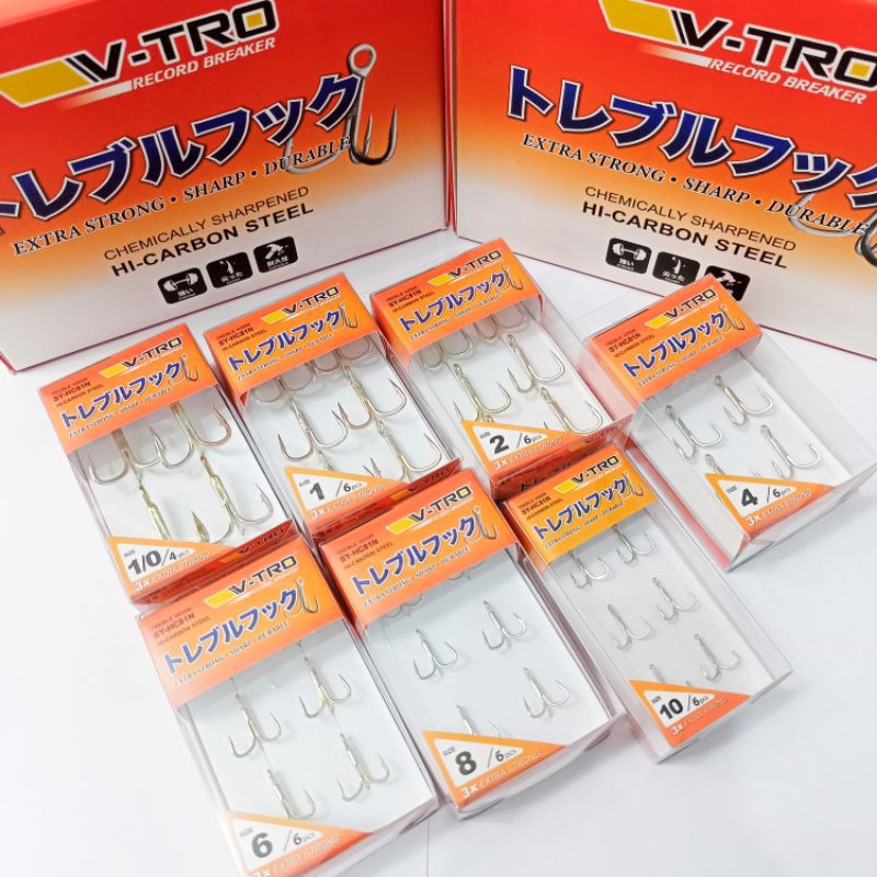เบ็ดสามทาง V-Tro 3x Extra strog. เบอร์ 1-2-4-6-8-10 คม แข็งแรง ทนทาน Hi-carbon steel. มีให้เลือกหลากหลาย การใช้งาน